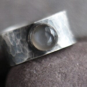 Sterling Silver and Black Moonstone Wide Band Ring Unisex | Hammered Oxidized Sterling Silver and Black Moonstone Ring Wide Band