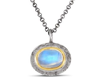 Rainbow Moonstone Pendant Necklace with 14k Yellow Gold and Silver