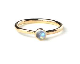 14k Gold Rainbow Moonstone Ring | Stacking Stacker Hammered Wedding Ring | Gold Engagement Ring