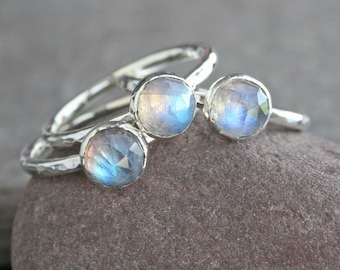 Silver Rainbow Moonstone Ring | Rose Cut Rainbow Moonstone Silver Stack Ring | Stackable Rainbow Moonstone Ring | Plumeria Collection