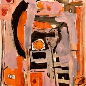May include: Abstract artwork with a mix of orange, black, and pink hues. The painting features a large black curved shape, geometric forms, and free-flowing brushstrokes. The composition includes a variety of textures and shapes, creating a dynamic visual experience.