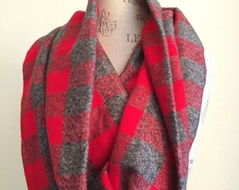 Rustic Red and Grey check plaid cotton circle scarf Cowl Scarf  Fall Winter Fashion Accesory - Ladies Teens - Custom Made