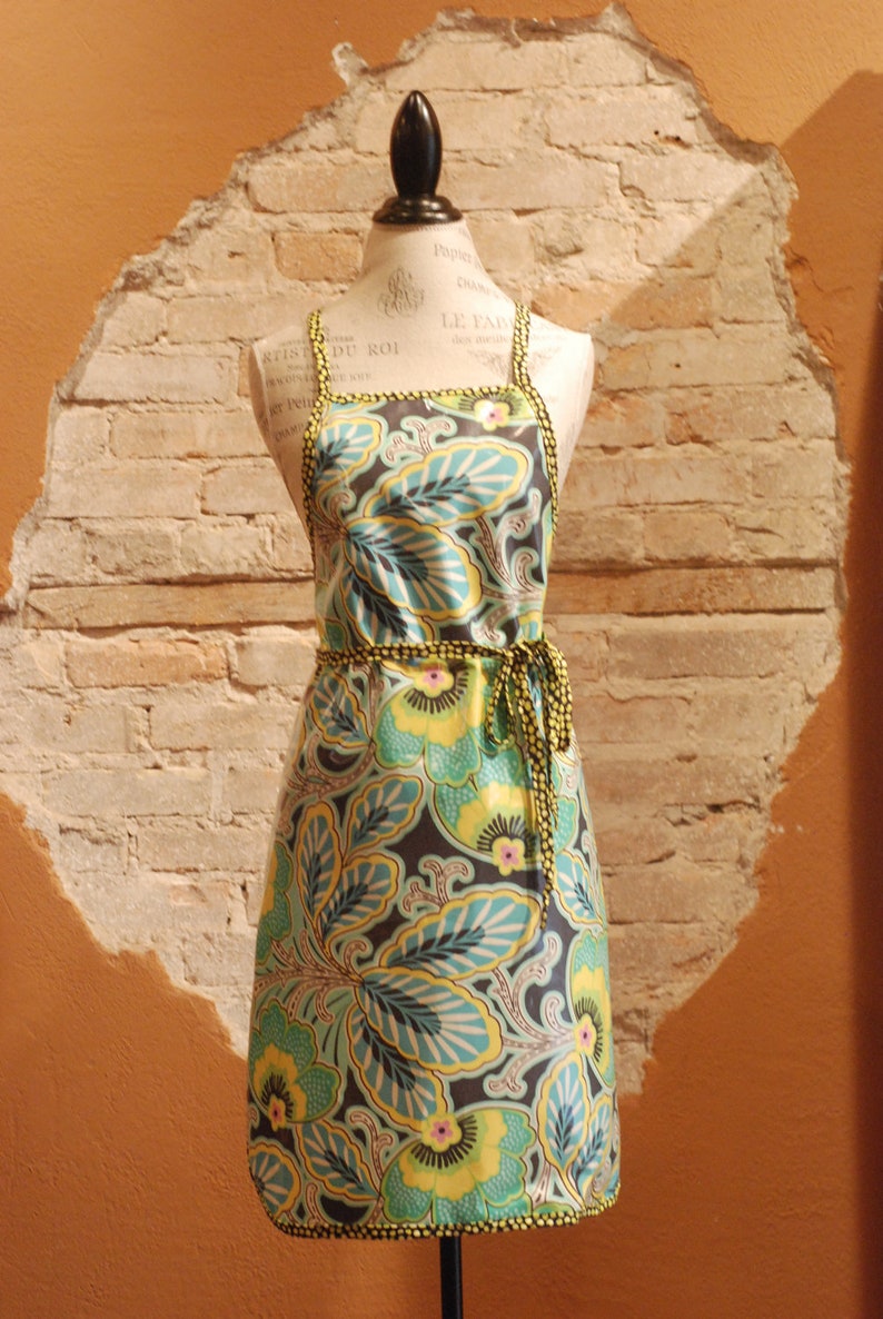 Modern Vintage Laminated Cotton Full Apron  Aqua Floral and image 0