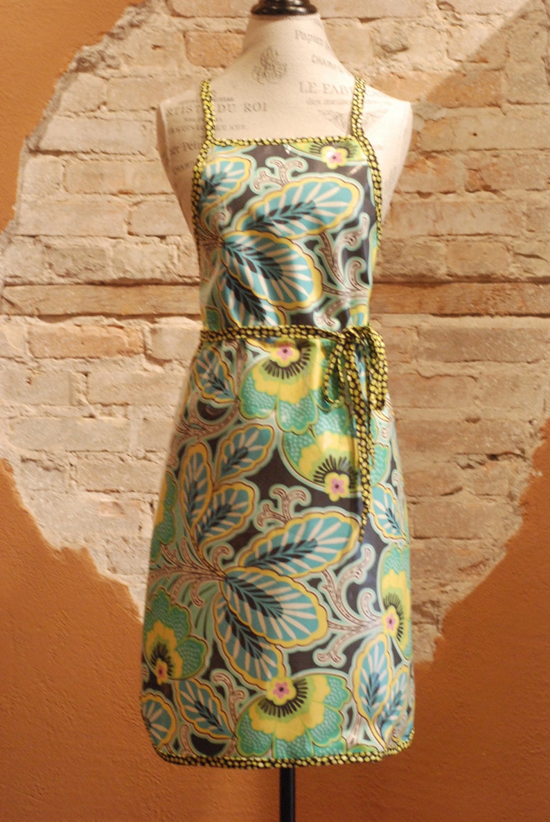 Modern Vintage Laminated Cotton Full Apron  Aqua Floral and image 3