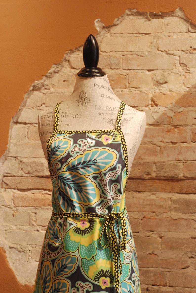 Modern Vintage Laminated Cotton Full Apron  Aqua Floral and image 4