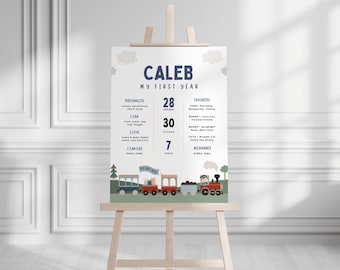 May include: A personalized sign on an easel, celebrating a child's first year. The sign features the name "CALEB" and details like height (28 inches), weight (30 pounds), and favorite things, with a train illustration at the bottom.