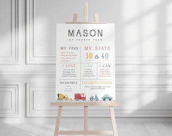 May include: A personalized birthday sign on a wooden easel. The sign features the name "MASON" at the top, with sections for "MY FAVS," "MY STATS," "I LOVE," "I AM," "I CAN," "NICKNAMES," and "FAVORITE FOODS." The sign includes illustrations of vehicles.