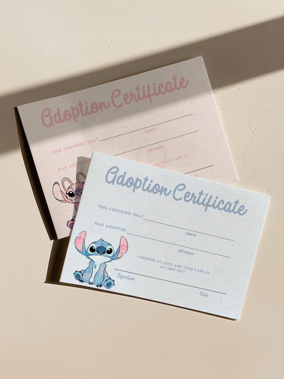 Watercolor Stitch Adoption Certificate: Editable Birthday Party Decor (Digital Template, 7x5in)