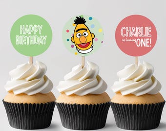 Adornos editables para cupcakes de cumpleaños con temática de sésamo, para fiestas infantiles: Diseño moderno y sencillo (descarga digital)