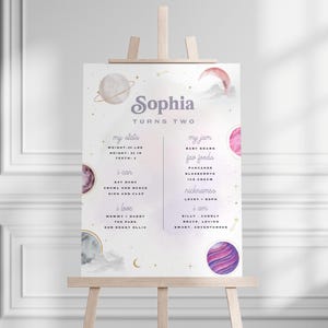 May include: A personalized birthday sign on an easel. The sign features the name "Sophia" and the phrase "Turns Two." It includes details like weight, height (20 inches), favorite foods, and nicknames, all set against a space-themed background with planets and stars.