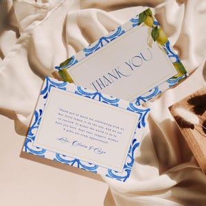 Lemon Theme Baby Shower Thank You Card, Mediterranean Theme Stationery Cards, Italian Blue Theme, Printable Editable Digital Template