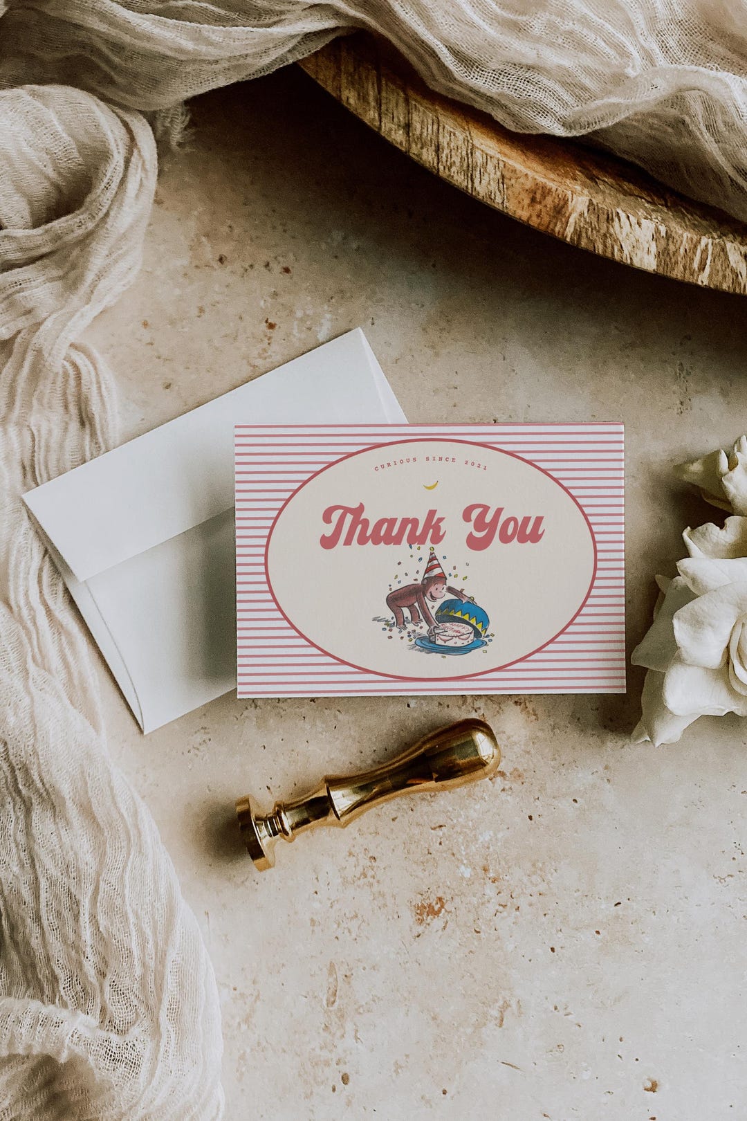 Thanks George Vintage Curious George Thank You Card Template: Classic Monkey Party ...