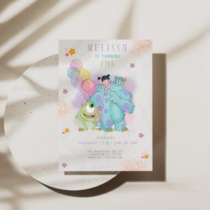 May include: A birthday invitation featuring characters from a popular animated film. The invitation has the text "MELISSA IS TURNING FIVE" with the date and time of the party. The invitation includes colorful balloons and floral accents.