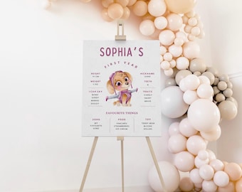 Könnte beinhalten: Ein rosa-weißes, druckbares Schild zum ersten Geburtstag mit einer Zeichentrickfigur aus der Fernsehserie Paw Patrol. Das Schild enthält den Namen "Sophia's" und Details über das erste Jahr des Kindes, einschließlich Größe, Gewicht, Lieblingsessen und Spielzeug.