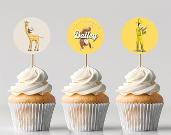Adornos para cupcakes editables de Jorge el Curioso, pegatinas clásicas de mono, descarga digital imprimible