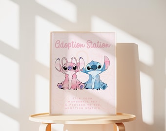 Aquarel Stitch verjaardag tafelbord, teken briefpapier adoptie, bewerkbare afdrukbare digitale sjabloon, INSTANT DOWNLOAD