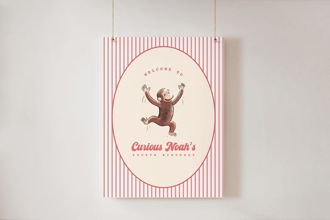 Vintage Curious George Birthday Welcome Sign: Monkey Party Decor ...