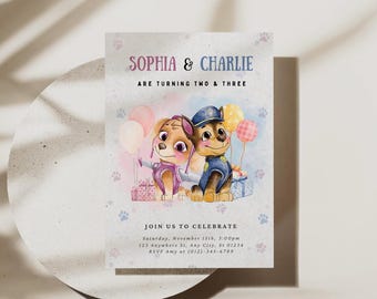 Verjaardagsuitnodiging aquarel heroïsche pups: gezamenlijk puppyfeestje (bewerkbaar, afdrukbaar)