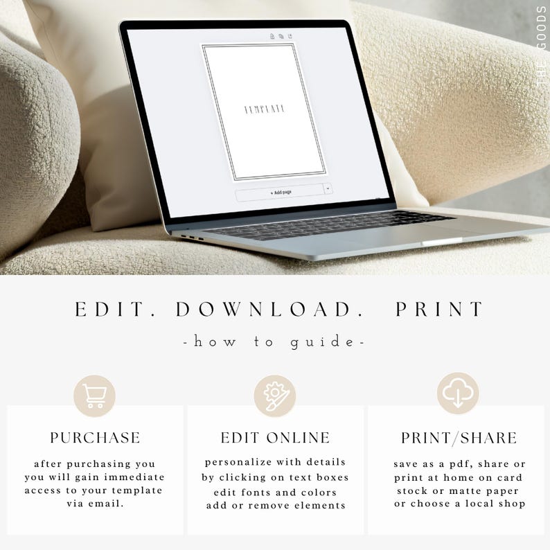 Puede incluir: Un ordenador port&aacute;til que muestra un dise&ntilde;o de plantilla con la palabra "TEMPLATE" en el centro. La imagen incluye el texto "EDIT. DOWNLOAD. PRINT" e instrucciones para comprar, editar e imprimir la plantilla.