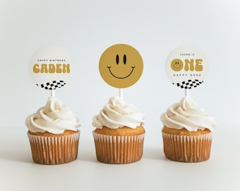 Adorno para cupcakes "Un tipo feliz": Decoración para fiesta de primer cumpleaños (Descarga instantánea)