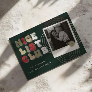 Schöne Liste Club-Foto-Weihnachtskarte, Retro-Weihnachtskarte, frohe Feiertage, sofortiger digitaler Download bearbeitbare Vorlage