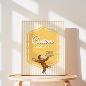 Vintage Curious George Stationary Sign, Curious Monkey Party Favors, Editable Digital Template