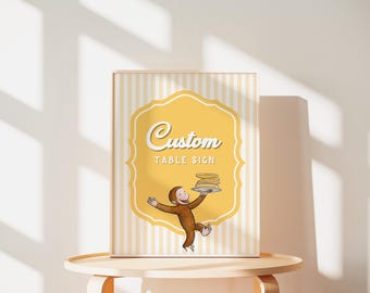 Vintage stationair bord Curious George, Curious Monkey feestartikelen, bewerkbare digitale sjabloon