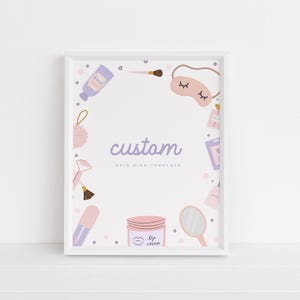 Peut inclure: Impression encadrée avec un bord blanc sur le thème de la beauté. La conception comprend des illustrations de produits de soin de la peau, de maquillage et d'un masque de sommeil, disposées autour du mot "custom". La palette de couleurs est douce, avec des roses, des violets et des beiges pastel.