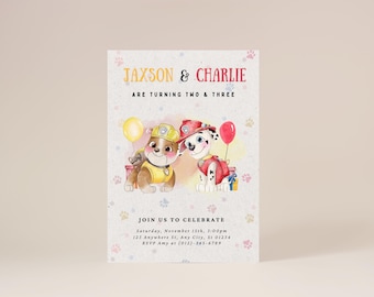 Verjaardagsuitnodiging aquarel Paw Party: Joint Puppy Party (bewerkbaar, afdrukbaar)