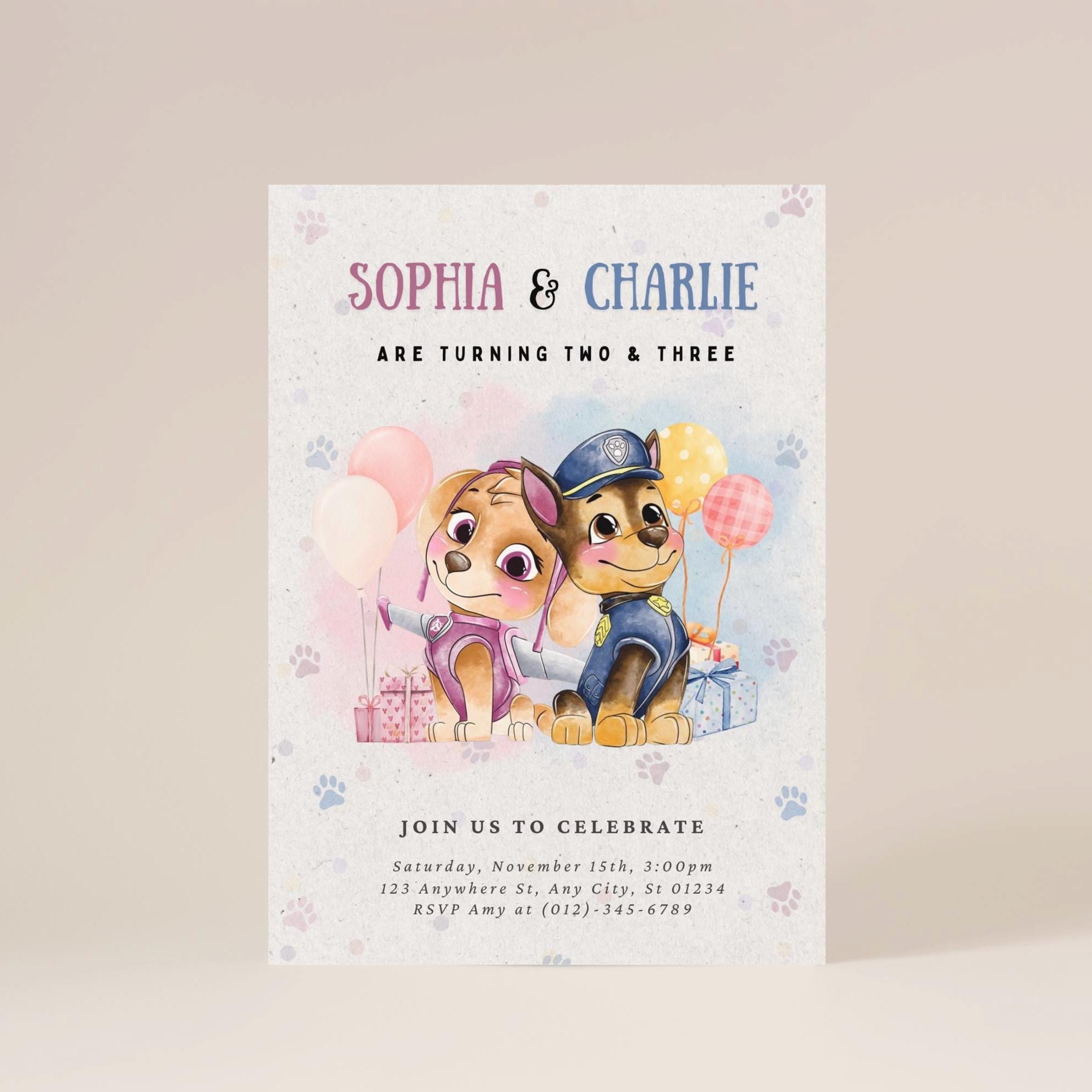 Editable Paw Party, Heroic Pups Joint Birthday Invitation, Puppy Double Birthday Invite, Editable And Printable Instant Download