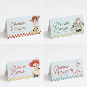 May include: Four light blue, foldable food cards with the text "Cheese Pizza" and "EDITABLE FOOD CARD". Each card features a different character from the Toy Story movie: Woody, Buzz Lightyear, Jessie, and Forky. Each card has a checkered border.