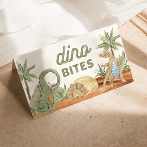Etiquetas de comidas de aniversário de dinossauro, festa de dinossauro jurássico, cartões de tenda editáveis para impressão, download digital instantâneo