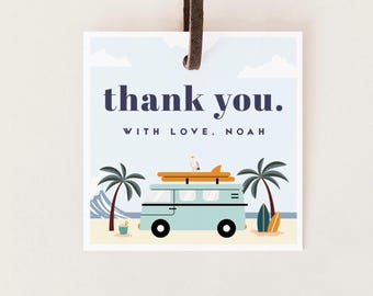 May include: A square gift tag with a beach scene illustration. The tag features a light blue van with surfboards on top, palm trees, and the text "thank you. With love, Noah."