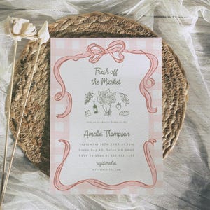 Farmers Market Bridal Shower Invitation: Hand-Drawn Pink Bow (Digital Download