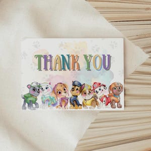 Tarjeta de agradecimiento de cachorros rescatados en acuarela, temática de fiesta PawTastic, recuerdos de fiesta de cachorros heroicos, plantilla editable e imprimible, descarga instantánea