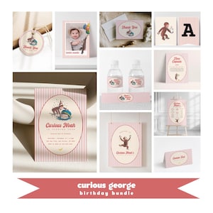 Puede incluir: Un conjunto de suministros para fiestas de cumpleaños con el tema de Curious George. Incluye invitaciones, tarjetas de agradecimiento, etiquetas para botellas de agua y letreros decorativos. Los diseños presentan un fondo a rayas rojas y blancas con ilustraciones de Curious George.