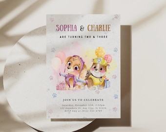 Verjaardagsuitnodiging aquarel heroïsche pups: gezamenlijk puppyfeestje (bewerkbaar, afdrukbaar)