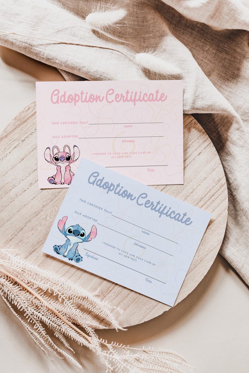 Puede incluir: Dos certificados de adopci&oacute;n con un personaje de dibujos animados. Uno es rosa con un personaje rosa, el otro es azul con un personaje azul. Ambos tienen campos para rellenar con el nombre y el nombre de la mascota.