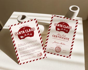Op de afbeelding: Twee kerstcertificaten met rood-witte gestreepte randen. De certificaten bevatten de tekst "FROM THE DESK OF SANTA CLAUS" en "Nice List CERTIFICATE". Eén certificaat is ondertekend door "James Miller". De certificaten liggen op een wit oppervlak.