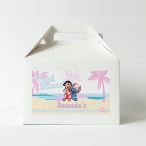 May include: White treat box with a handle, featuring a beach scene with cartoon characters Lilo and Stitch. The box has text that reads "Treat Boxes" and "Amanda's". Pink palm trees and a blue ocean are also depicted.