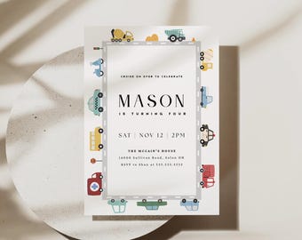 May include: A rectangular invitation with a white background and a border of colorful cartoon vehicles. The invitation includes the name "MASON" and the text "IS TURNING FOUR". The date and time are also included: "SAT NOV 12 2PM".