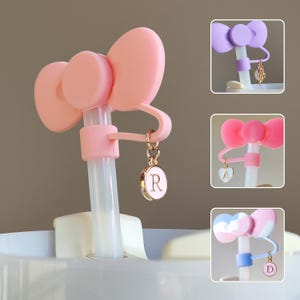 Pode incluir: Um acessório rosa em forma de laço com um pingente dourado com a letra "R". O acessório tem uma haste cilíndrica transparente e é preso a uma base branca. Imagens adicionais mostram acessórios semelhantes em diferentes cores e pingentes.