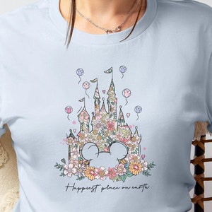 Happiest Place on Earth Shirt, Disney Castle Floral Shirt, Vintage Disney Tee, Magic Kingdom Shirt, Disneyland Shirt, Disney World Tour Tee