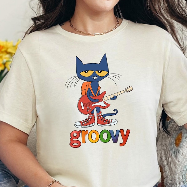 Pete the Cat Guitar Tee, Groovy Cartoon Cat Shirt, Back to School Teacher Gift, Gift for Her