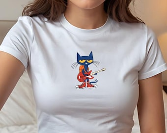 Pete the Cat Guitar Baby Tee, Groovy Cartoon Cat Crop Top, Funny Pete the Long Sleeve Tee, Back to School Teacher Gift