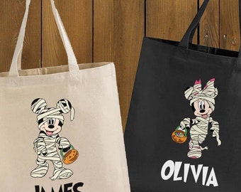 Personalized Halloween Mickey Minnie Tote Bag, Custom Name Trick or Treat Bag, Disney Halloween Tote, Spooky Fall Gift