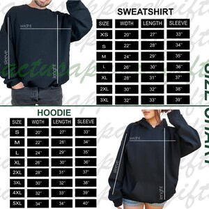 Puede incluir: Tabla de tallas para sudaderas y sudaderas con capucha. La tabla muestra el ancho, la longitud y la longitud de la manga en pulgadas para las tallas XS a 3XL para sudaderas y S a 5XL para sudaderas con capucha.