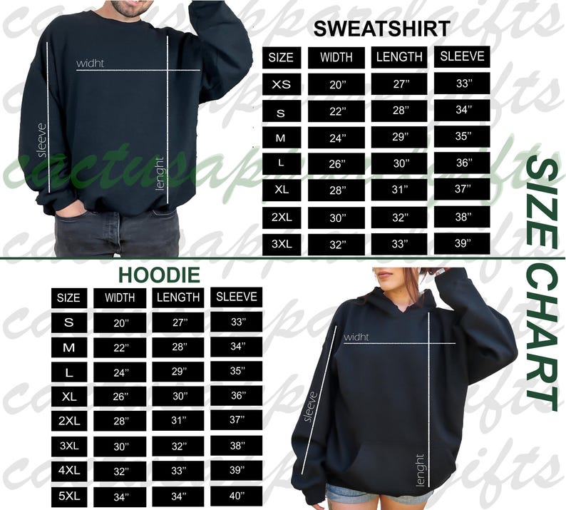 Puede incluir: Tabla de tallas para sudaderas y sudaderas con capucha. La tabla muestra el ancho, la longitud y la longitud de la manga en pulgadas para las tallas XS a 3XL para sudaderas y S a 5XL para sudaderas con capucha.