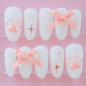 Sugar Paws Press On Nails, Kawaii Neko Nails, Nails For Cat Lover, Pet Pawprint Nails, Cute Coquette Faux Gel Manicure, Sugar Glitter Nails