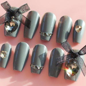 Silhouette Press On Nails | Dark Girly Aesthetic Reusable Faux Nails Romantic Gothic Lolita Jirai Kei Japanese Manicure Artificial Pressons
